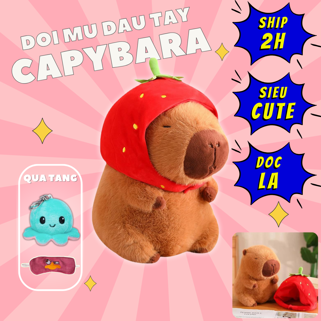 Thú nhồi bông capybara đội mũ dâu tây đáng yêu - Size từ 35cm đến 85cm - Quà tặng gấu bông capybara 