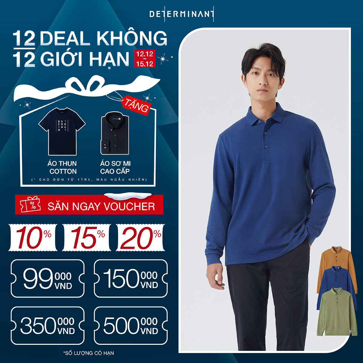 Áo thun polo nam cao cấp DETERMINANT tay dài - kháng nước -  100% cotton - màu xanh dương - P03