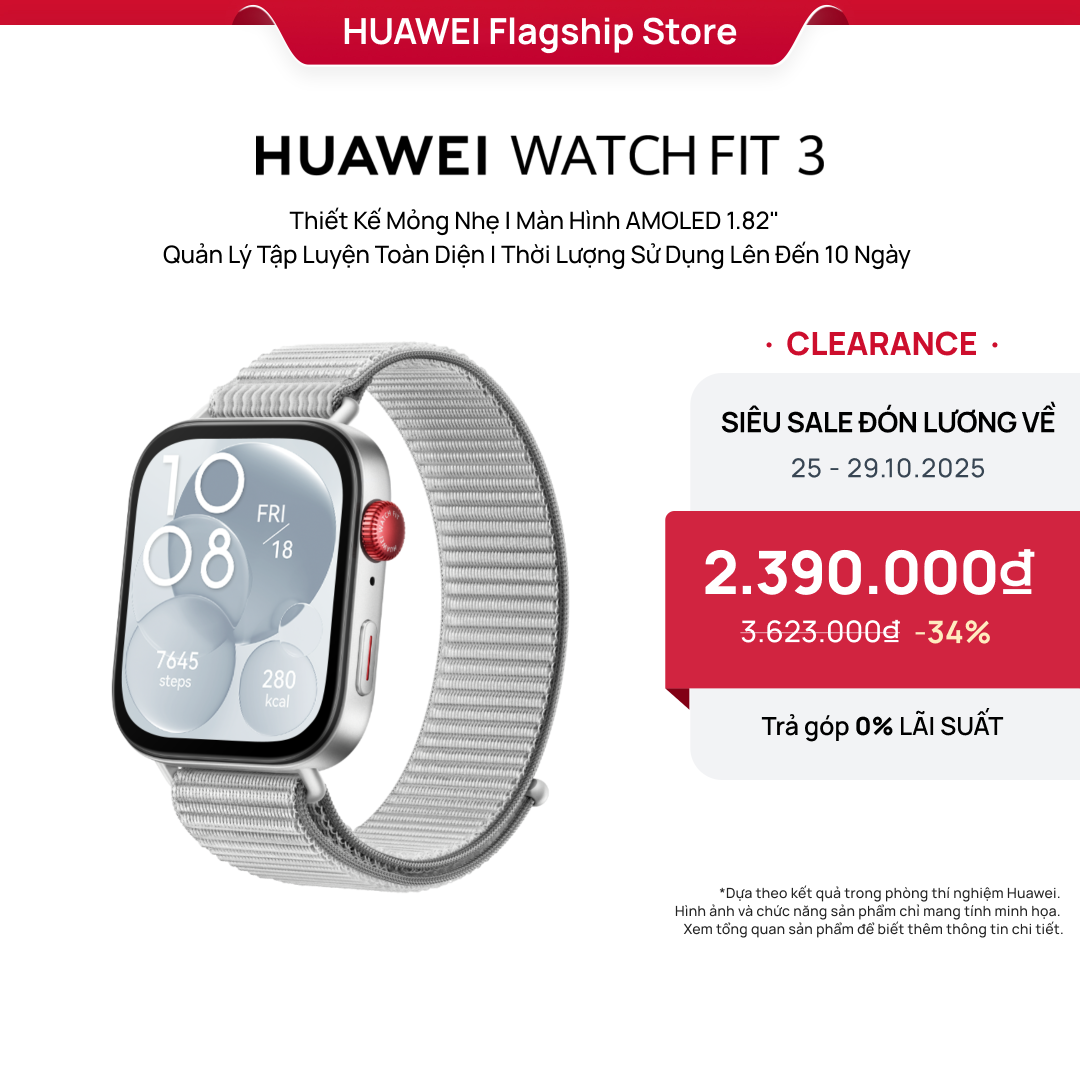 Đồng Hồ Thông Minh HUAWEI WATCH FIT 3 NFC Xám (Dây Nylon) | Thiết Kế Mỏng Nhẹ | Màn Hình AMOLED 1.82