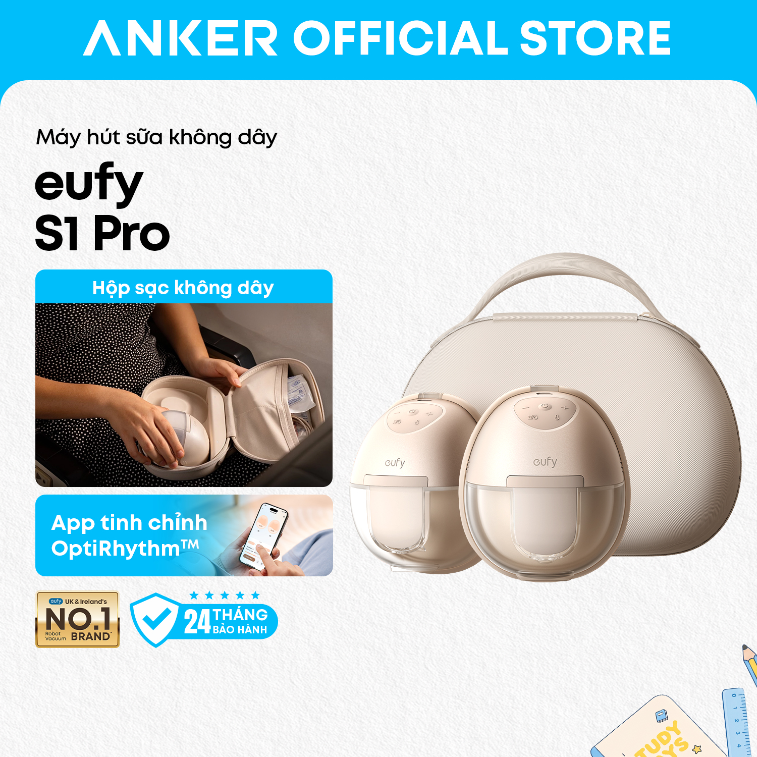 Máy hút sữa không dây Eufy S1 Pro sưởi ấm 7 mức tăng 30% sữa hộp sạc pin 5 ngày app tinh chỉnh 7 lực hút chuẩn y khoa