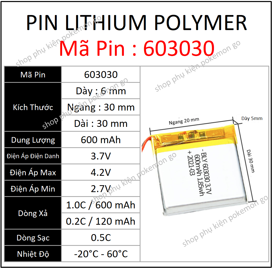 Pin Lithium - Ion 3.7V 603030 600mah