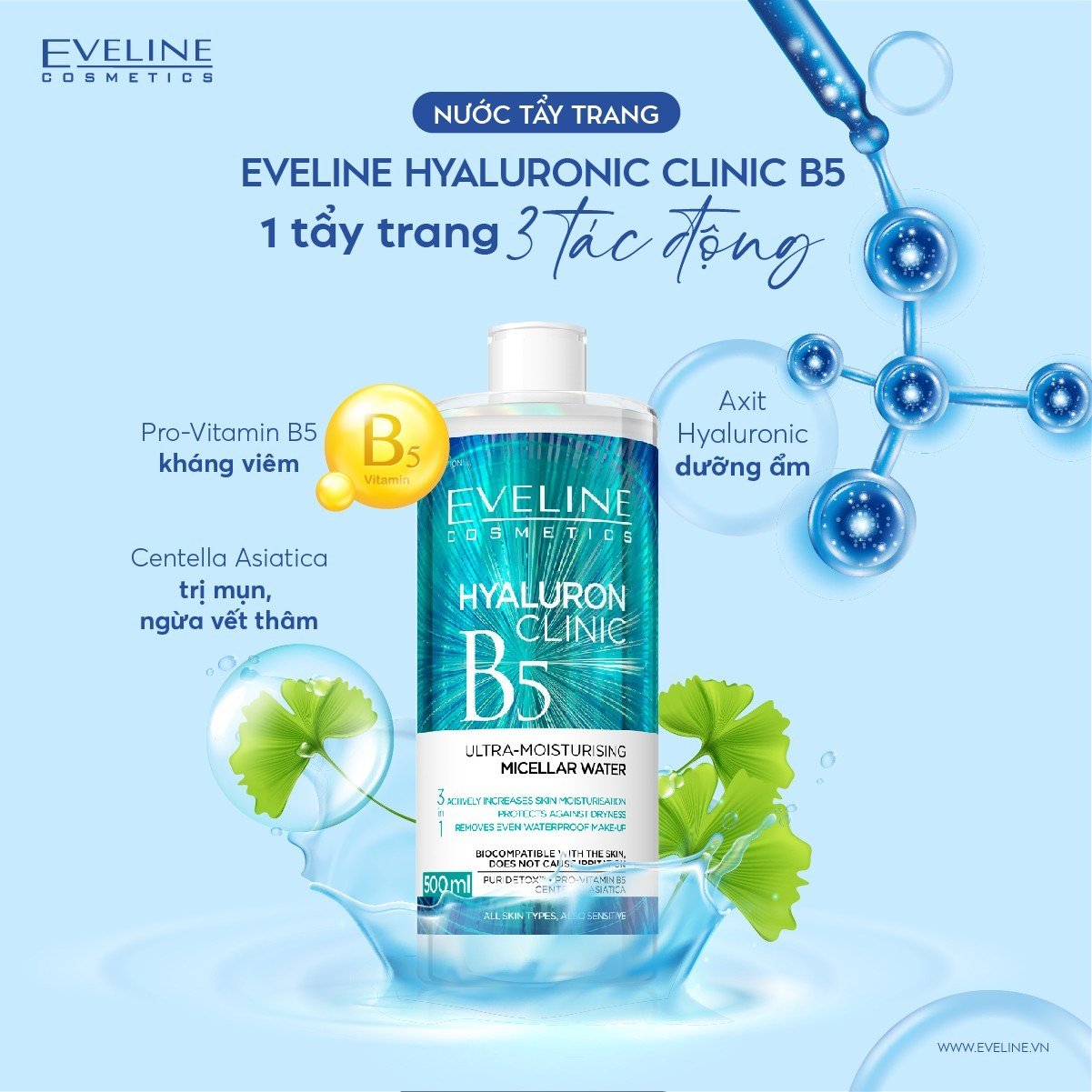 Nước tẩy trang Eveline Hyaluronic Clinic B5 dưỡng ẩm da 500ML