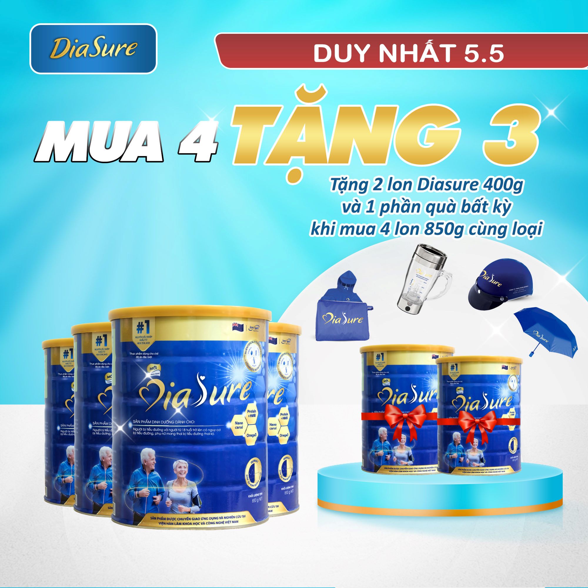 Sữa Non Diasure 850G (NEW) bổ sung thêm Nano Canxi Omega3 Protein HMB  (Mua 4 tặng 2 hộp 450G)-Sữa dành cho người tiểu đường