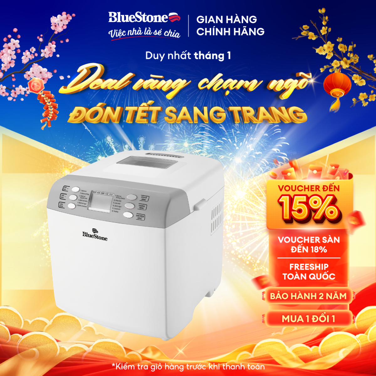 Máy Làm Bánh Mì Tự Động BlueStone BMB-2421 (2 lít) -  Công suất 550W - 12 chức năng - Bảng điều khiể