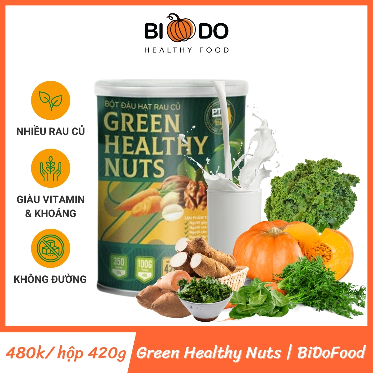 Sữa Bột Đậu Hạt Rau Củ Green Healthy Nuts 420g - Bí Đỏ Food - Protein Thực Vật Cao Cấp