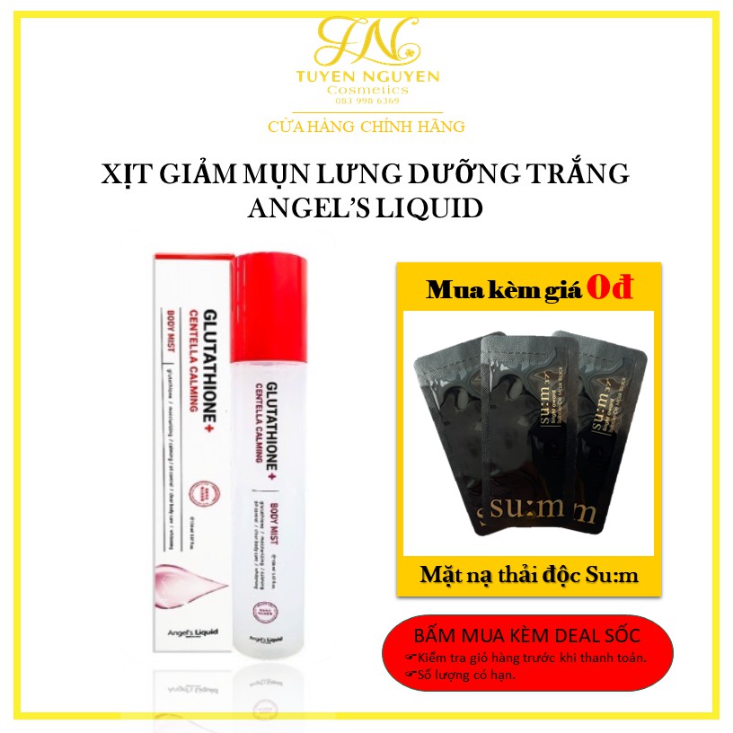 [HCM]Xịt giảm mụn lưng dưỡng trắng cơ thể Angels Liquid Glutathione Plus Centella Calming Body Mist 150ml