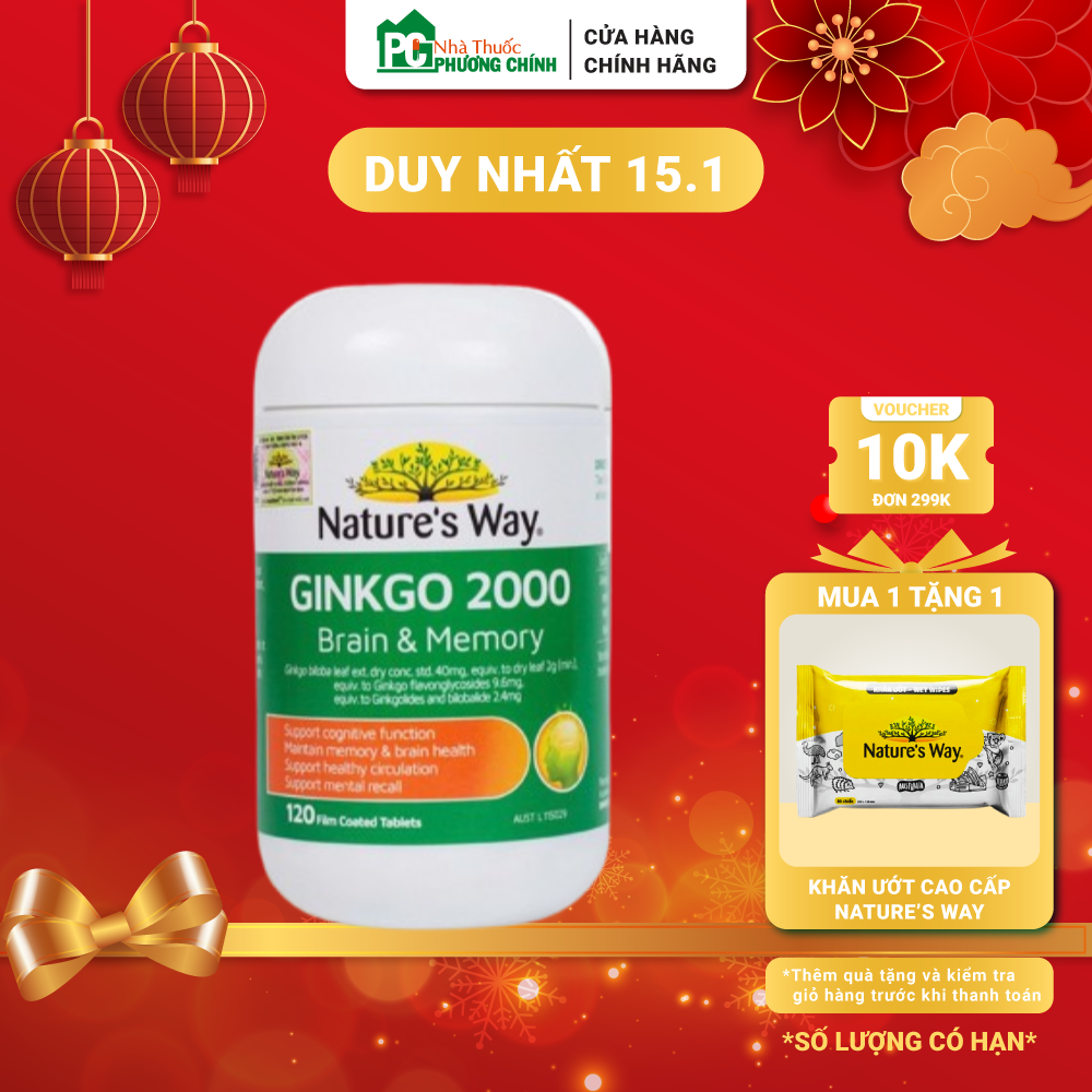 Viên Uống Bổ Não Natures Way Ginkgo Biloba 2000 Brain & Memory Giúp Tăng Cường Trí Nhớ (120 Viên)