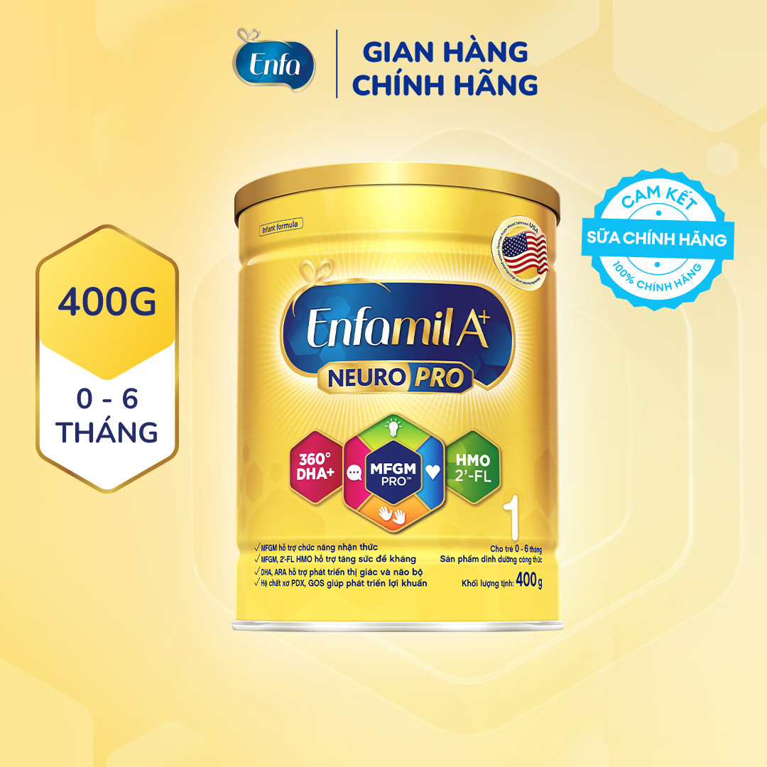 Sữa bột Enfamil A+ NeuroPro 1 Vị thanh mát với dưỡng chất DHA & MFGM cho trẻ từ 0 – 6 tháng tuổi– 400g
