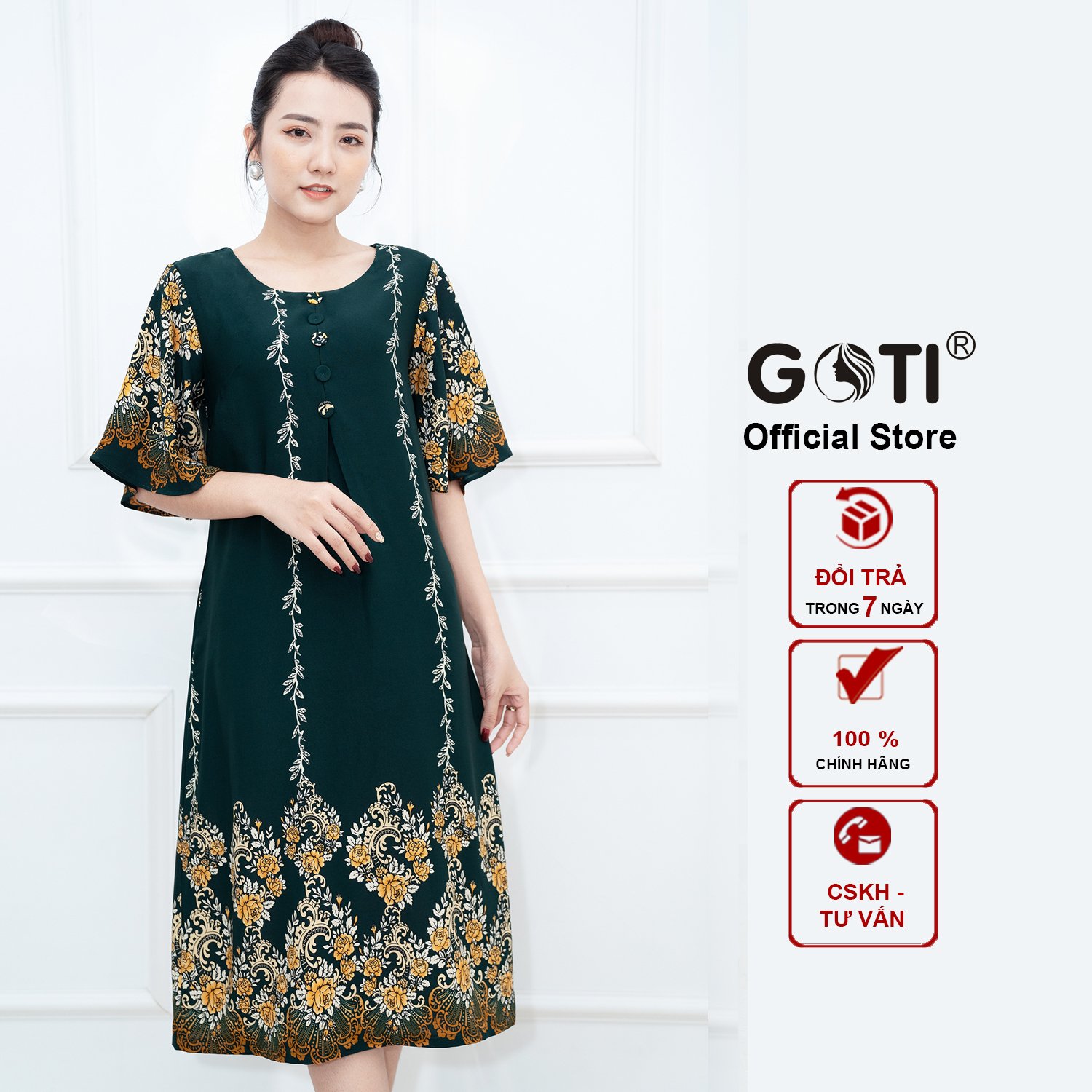 GOTI - Đầm Suông Chữ A Dự Tiệc Trung Niên Nữ Cao Cấp Kiều Đầm Suông Lụa Phối Tay Loe Đính Nút BigSiz