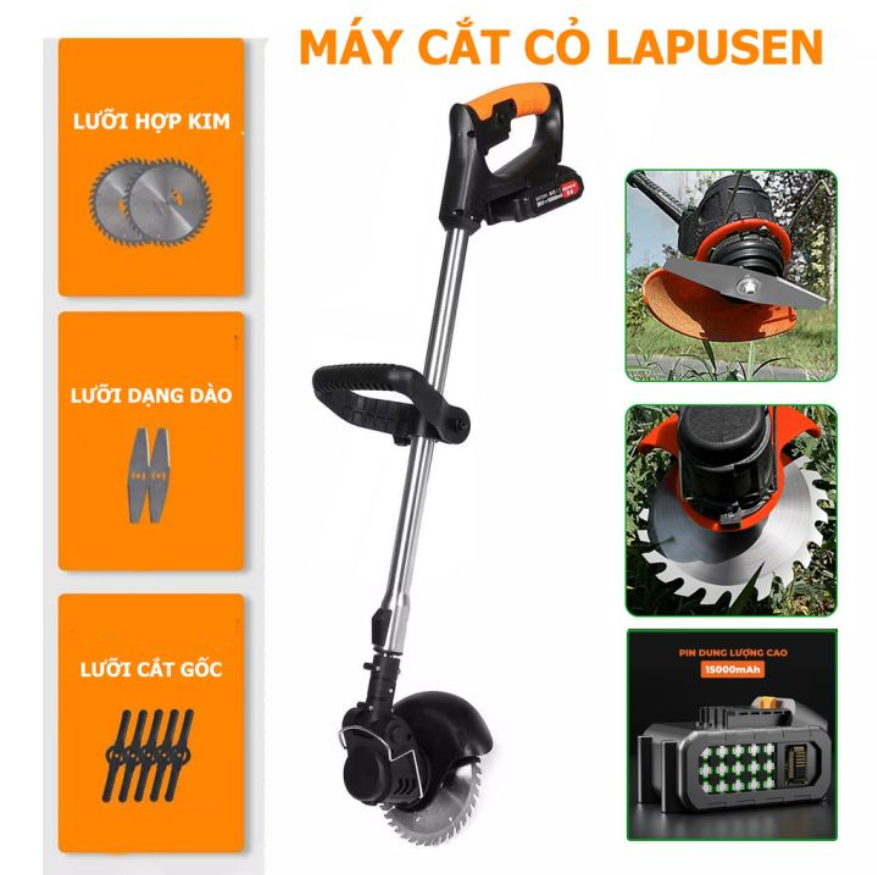 ( SALE 50% ) Máy cắt cỏ cầm tay LAPUSEN không dây (tặng kèm 1 pin + 8 lưỡi) Máy cắt cỏ tỉa cành cầ