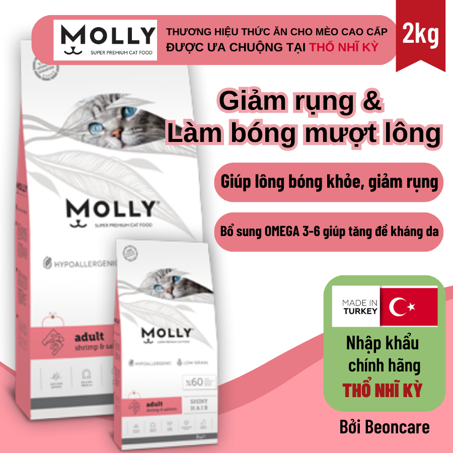 Thức ăn hạt cho mèo Molly 2kg Giúp Lông Bóng Khỏe giảm rụng lông vị Tôm và cá hồi đến từ Thổ Nhĩ Kỳ 
