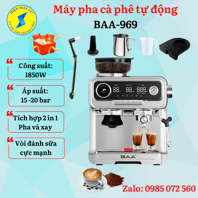 Máy pha cà phê BAA-969 - Tích hợp xay pha 2 in 1 - Chế độ ủ cafe - tự động - mới 100%