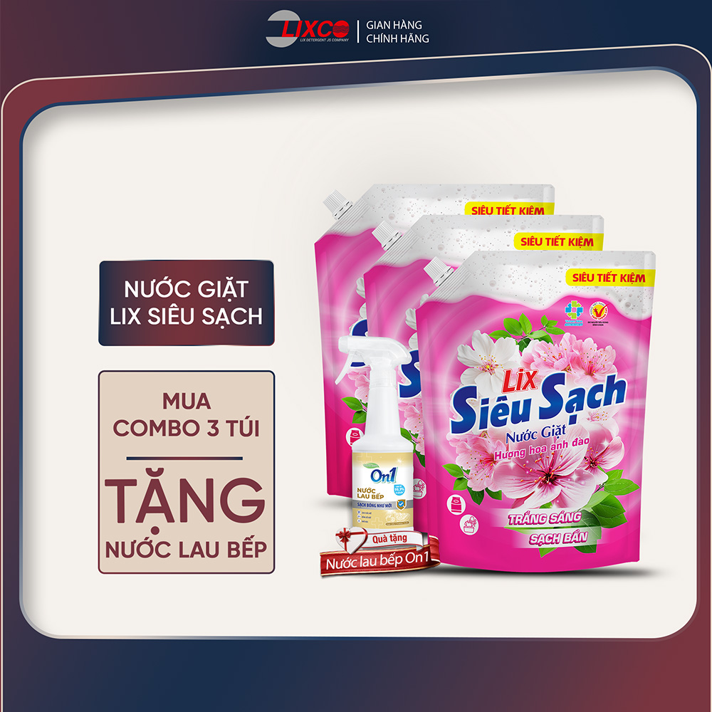 Combo 3 túi nước giặt Lix siêu sạch hương hoa anh đào sạch thơm tặng 1 chai nước lau bếp On1 500ml 3