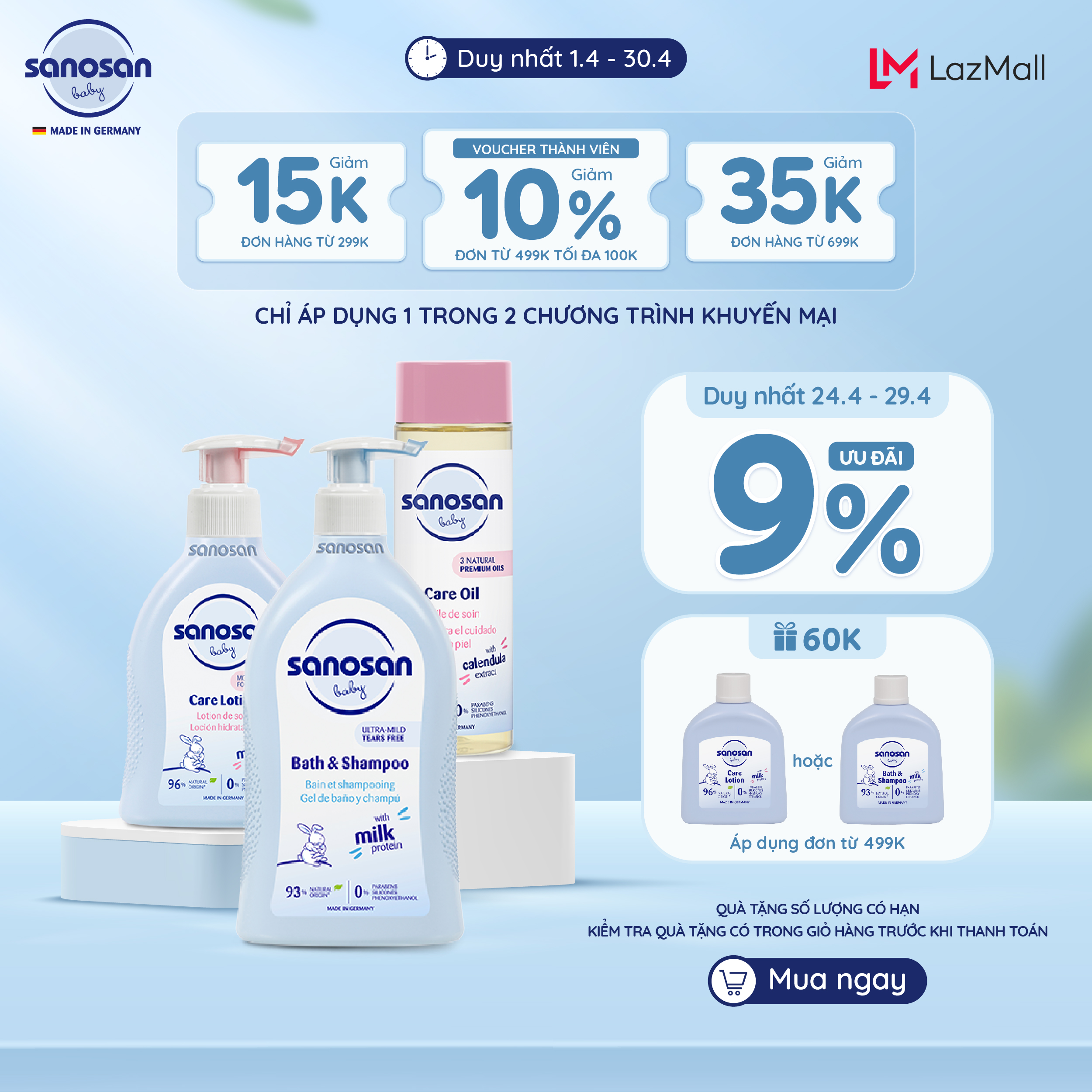 Combo 3 Sữa tắm gội Sanosan Baby bath and shampoo 500ml+Sữa dưỡng thể Sanosan Baby care lotion 200ml+ Dầu mát-xa Sanosan (HSD T06/2025 )