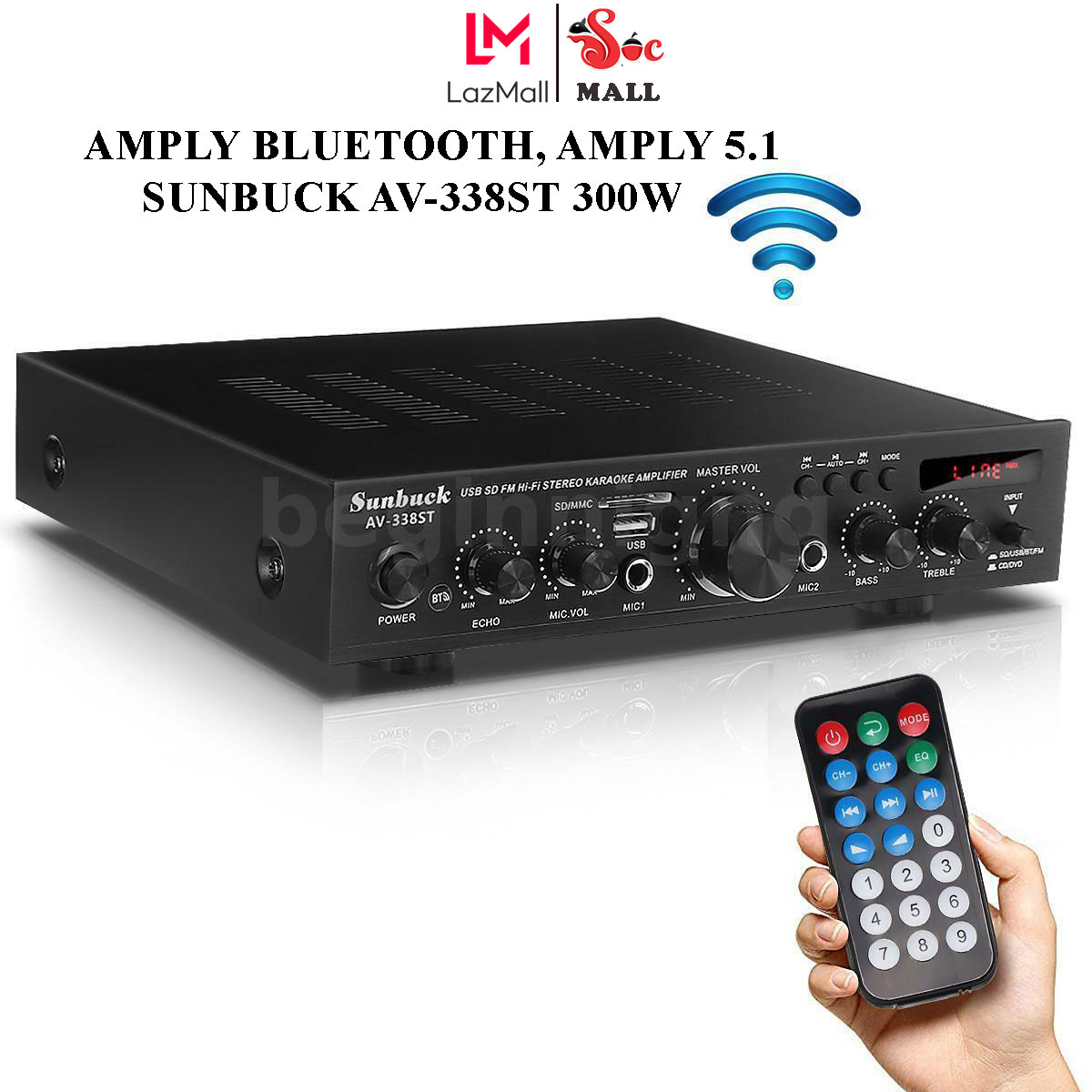 Amply 5.1, Ampli Mini Bluetooth, Amply công suất lớn Sunbuck AV-338ST 300W, 5 kênh, kết nối bluetooth, hỗ trợ 2 micro, đầu vào AUX. Bảo hành 12 tháng