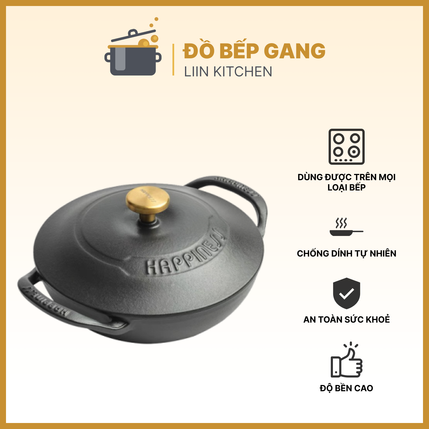 Nồi Gang Happiness Kho Thịt Cá Nồi Gang Nguyên Khối Chống Dính Dùng Được Trên Bếp Từ LIINKITCHEN