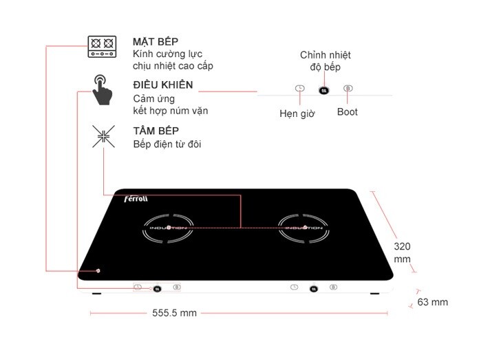 Bếp hai từ dương Ferroli ID3500KP, Rapido RI3000KP Công suất max 3500W, 9 cấp độ công suất, Màn hình Led, Điều khiển cảm ứng, Kính cường lực chịu nhiệt cao cấp, chính hãng Bảo hành 12 tháng