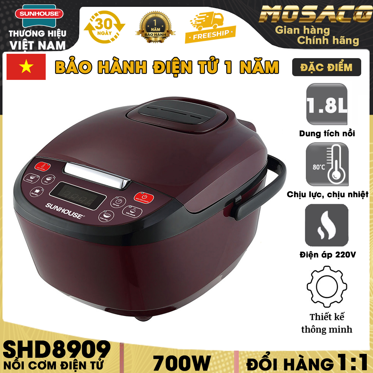 Nồi cơm điện tử 1.8L SUNHOUSE SHD8909 công suất 700w. Nồi cơm điện đa năng ruột nồi dày 5 lớp phủ ch