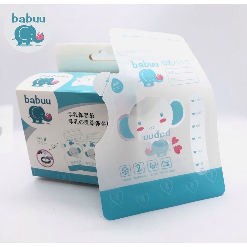 (Tách Hộp) Hộp 50 túi trữ sữa có vòi 250ml Babuu Nhật Bản hình Voi có vòi rót tiện lợi