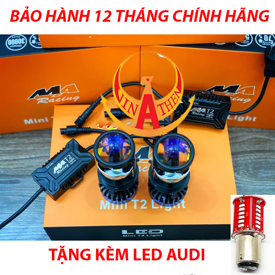 Đèn Bi Led T2 LASER MỚI 6.2024  MAracing 75W TÂM VÀNG  Chân H4 lắp ô tô xe máy (giá 1 bóng)