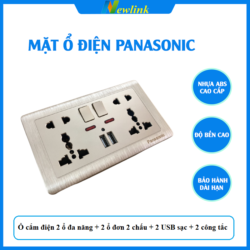 Ổ Cắm điện CHống Giật Có công tắc và 2 USB 2.1A mặt mạ đồng Panasonic lắp âm tường TẶNG ĐẾ