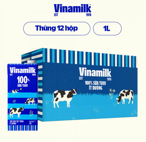 Thùng 12 Hộp Sữa tươi tiệt trùng Vinamilk 100% Ít đường - Hộp giấy 1L