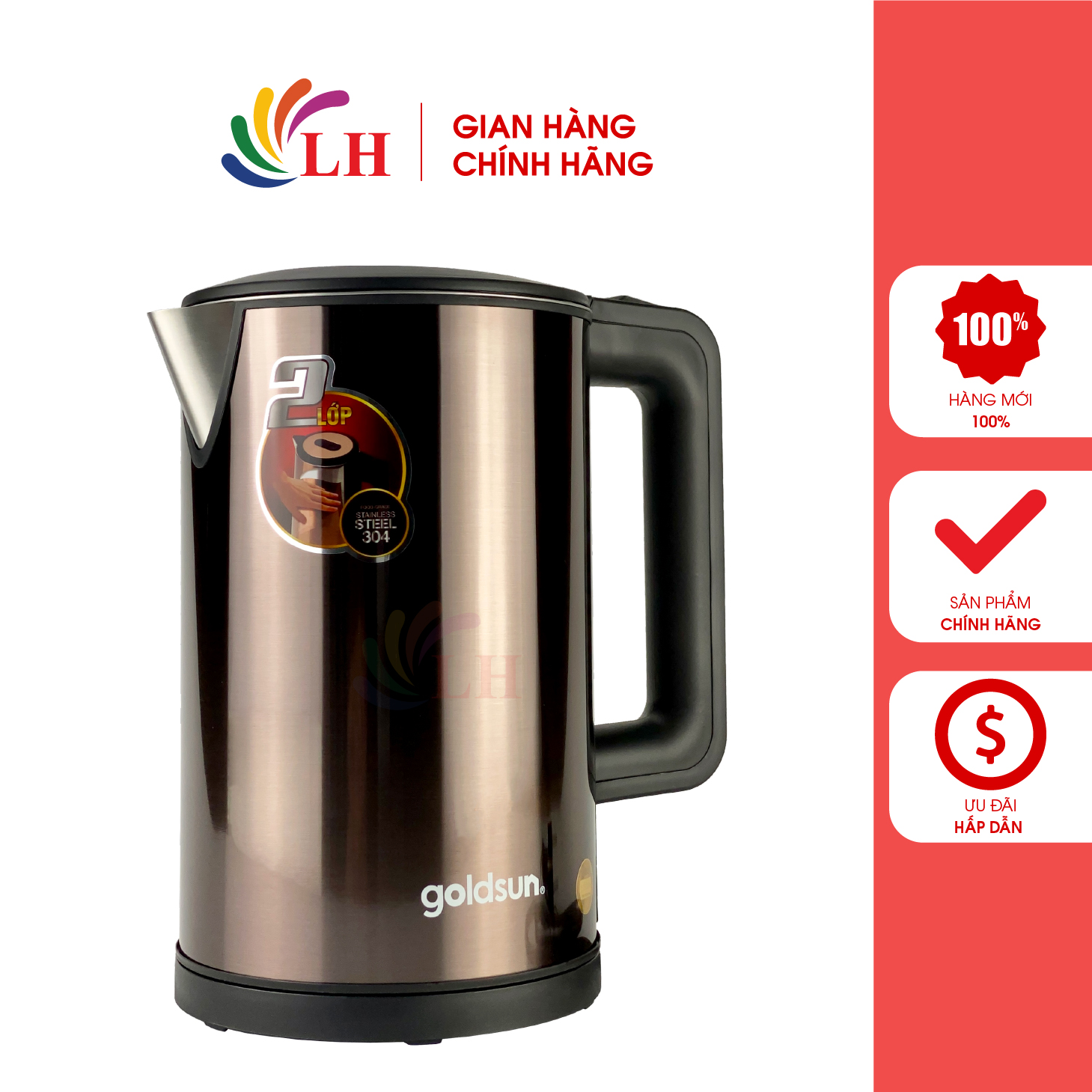 Ấm siêu tốc Goldsun GKT2640 1.7L, Nâu - Thiết kế hiện đại, an toàn và tiện lợi