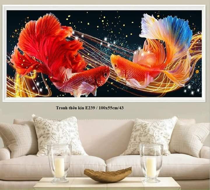Tranh thêu chữ thập - Song ngư - thêu kín- KT100x55cm _E239_ chưa thêu