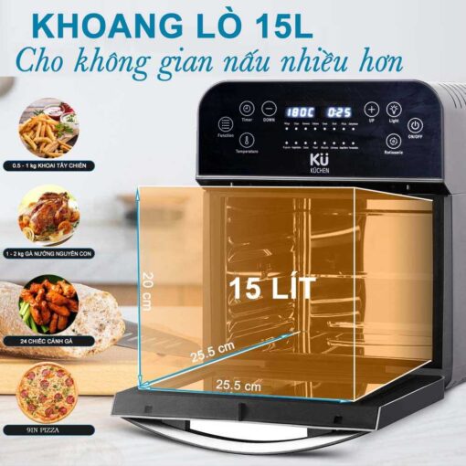 Nồi chiên không dầu Kuchen KU6218 - 15L, Đen, Công nghệ đối lưu không khí 360°