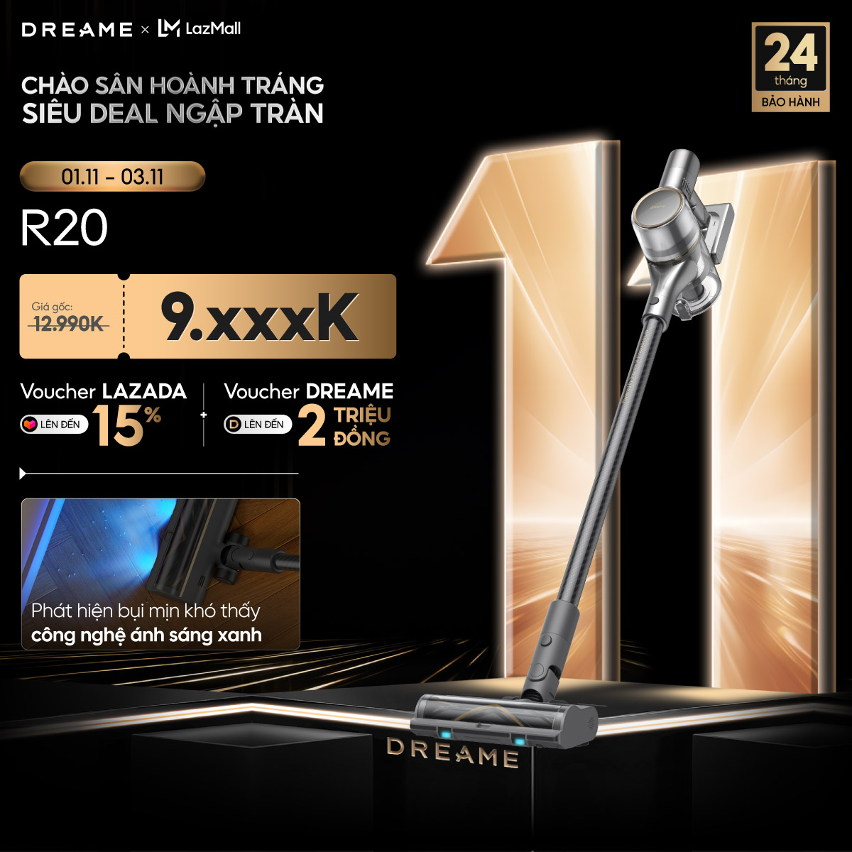 Máy hút bụi cầm tay không dây Dreame R20 - Trắng, 350x350x90mm, Dung lượng 0.6L