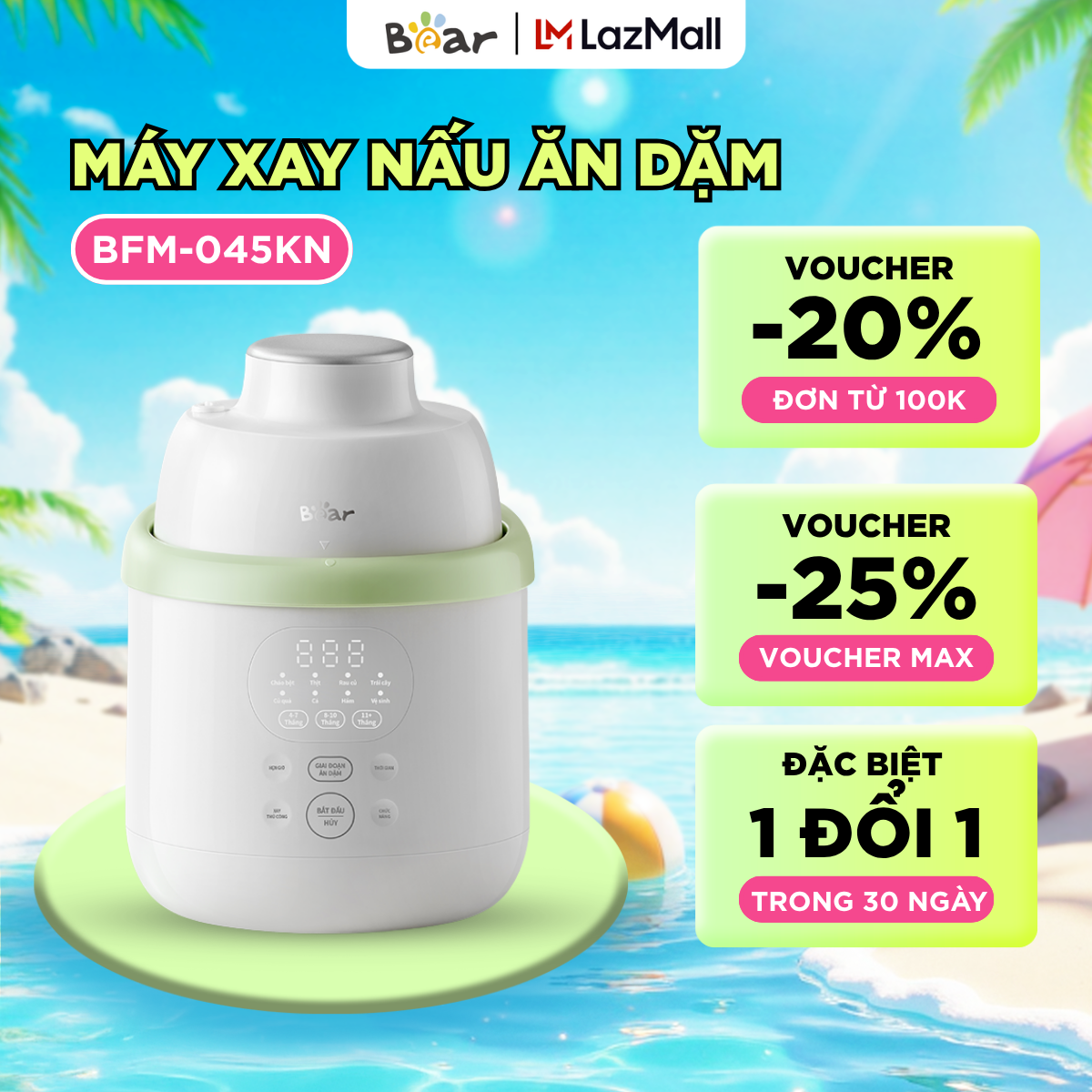 Máy Xay Nấu Ăn Dặm Tự Động BEAR 0.35L Máy Xay Nấu Thức Ăn Cho Bé Cối Inox Toàn Phần Máy Xay Thực Phẩm Đa Năng BFM-045KN