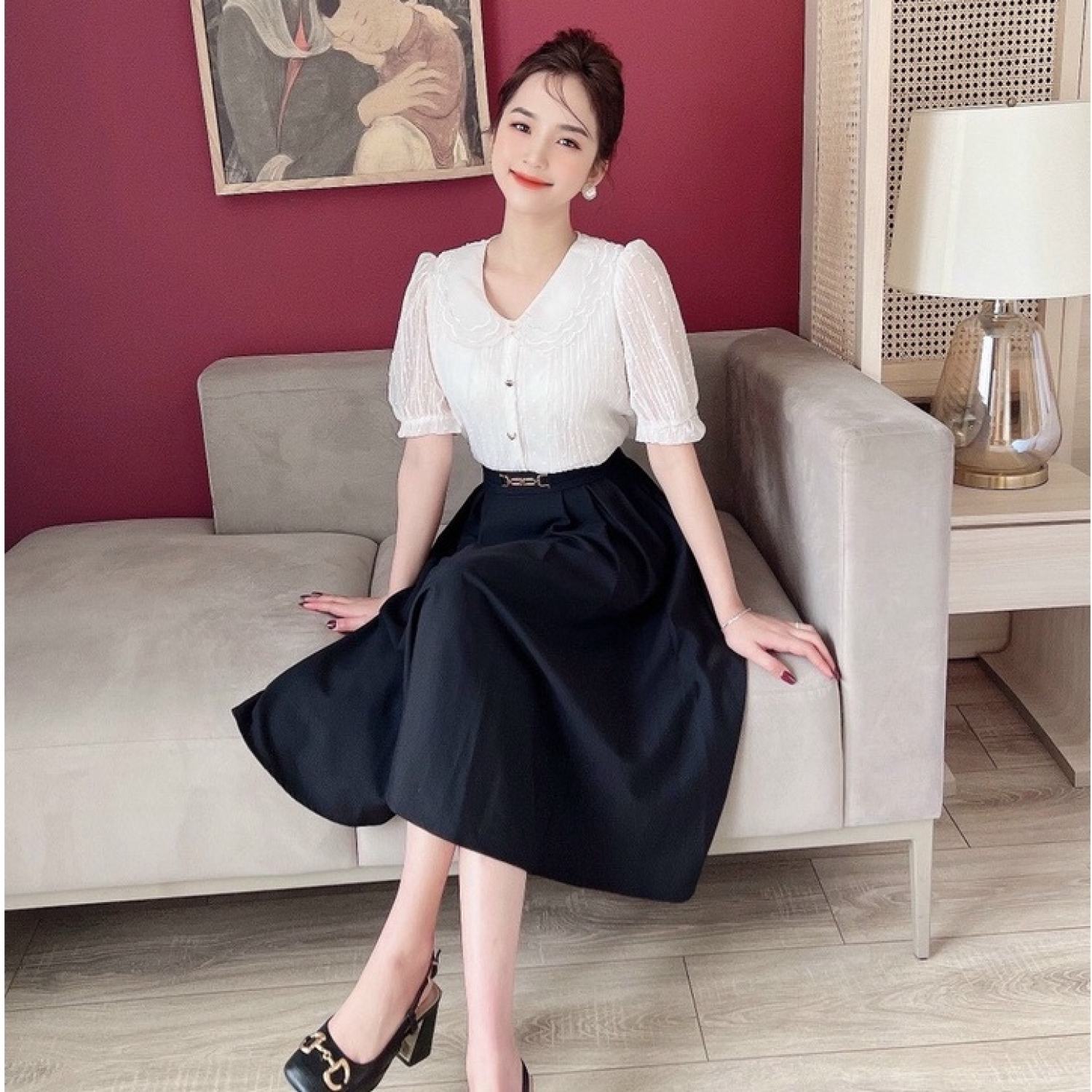 [ lᴏại 1] Áo sơ mi nữ kiểu cổ tròn bánh bèo Tay áo lỡ bồng phong cách tiểu thư nhẹ nhàng