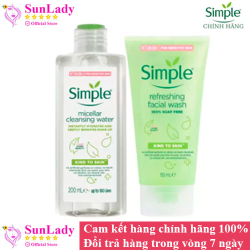 Combo Skincare Da Sạch Sâu Simple 2 Món Nước Tẩy Trang Micellar Water 200Ml + Sữa Rửa Mặt Refreshing 150Ml