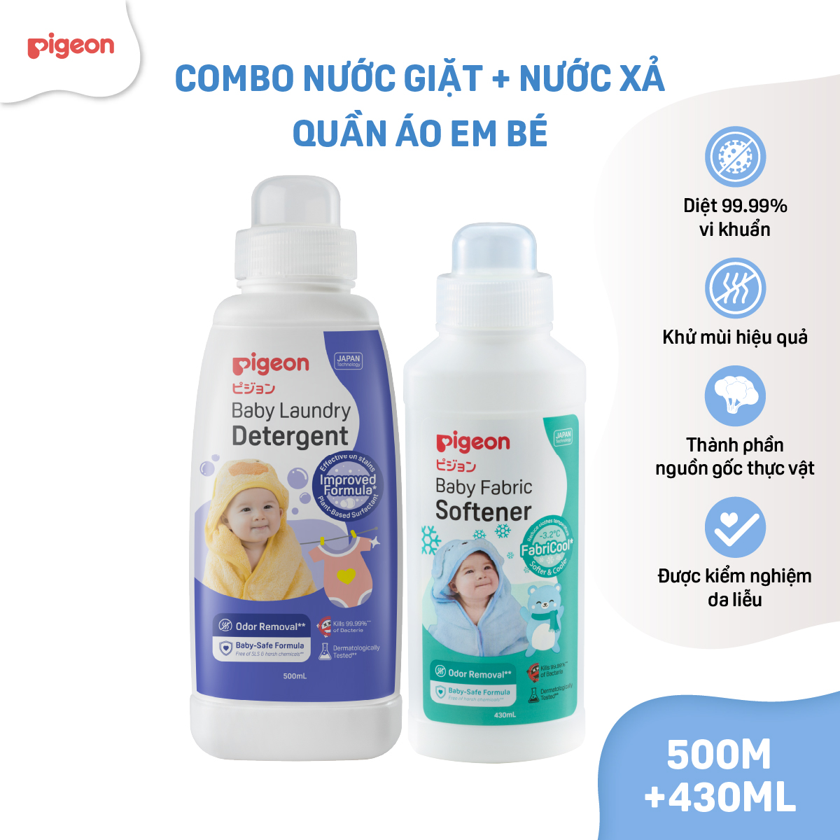Combo nước giặt + xả quần áo em bé Pigeon nguồn gốc thực vật dịu nhẹ cho trẻ sơ sinh