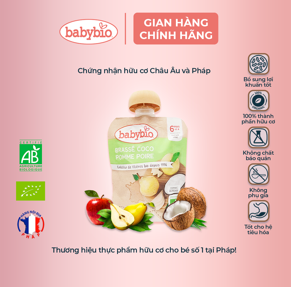 Sữa chua dừa hữu cơ cho bé Babybio 85g (từ 6 tháng tuổi) - Vị táo lê