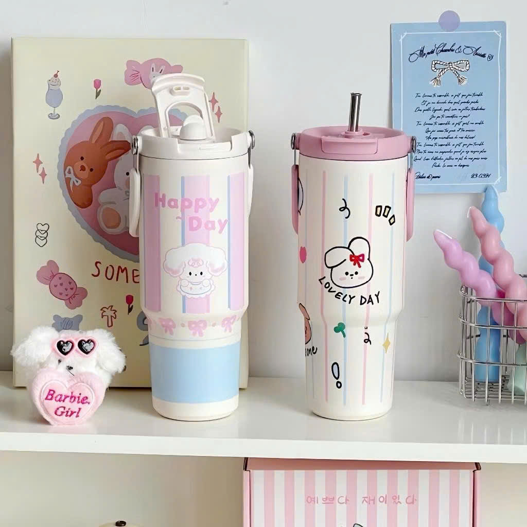 Ly giữ nhiệt cốc nướC hoạt hình dễ thương có ống hút và tay cầm tiện lợi ly giữ nhiệt 900ml