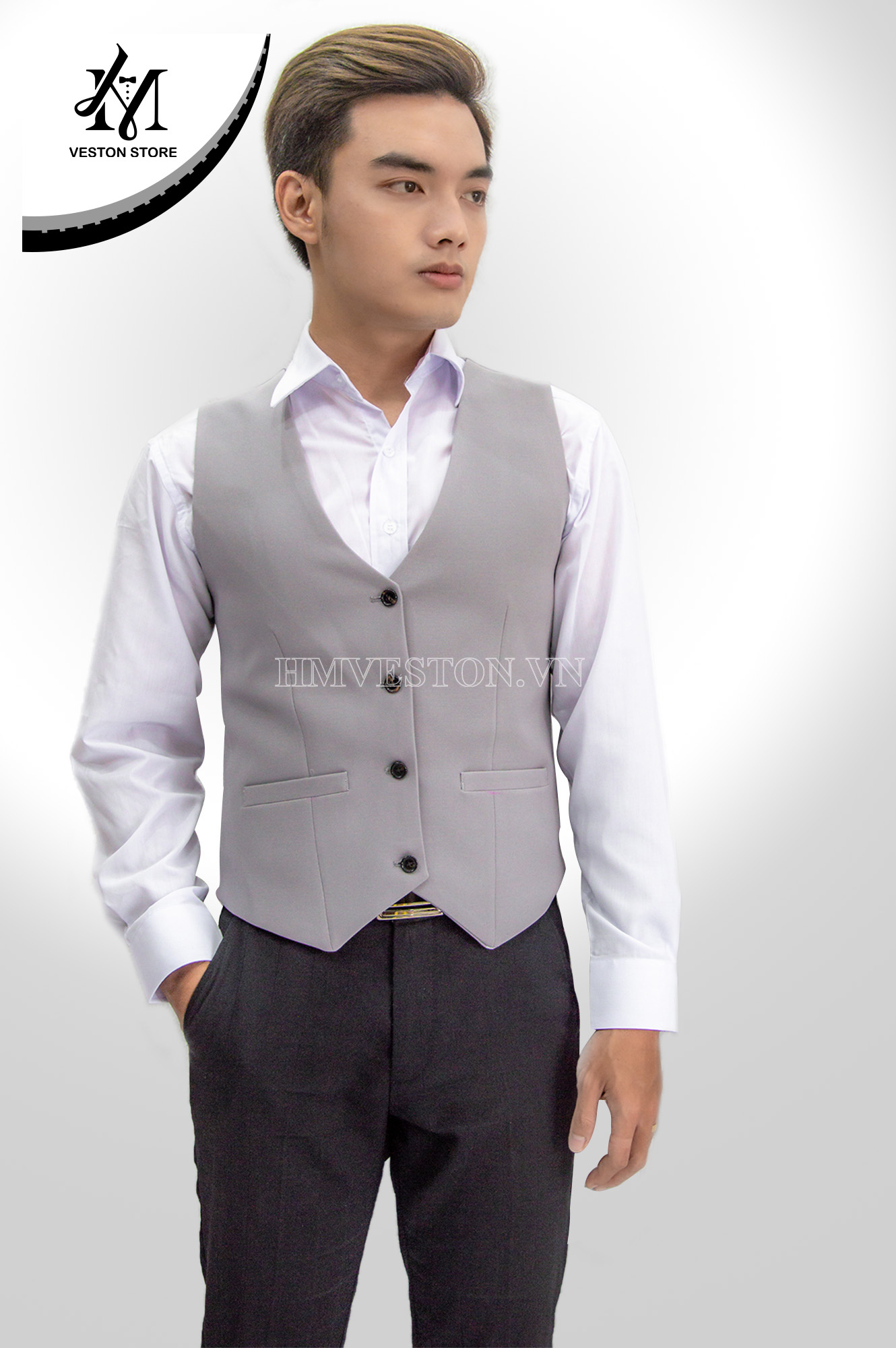 [HCM]Áo gile nam ôm body màu xám ghi tặng kèm nơ