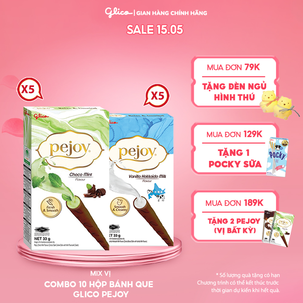 Combo 10 hộp Happy Set E Bánh que nhân kem mix 2 vị vanilla & socola bạc hà GLICO Pejoy (5 Vanilla H