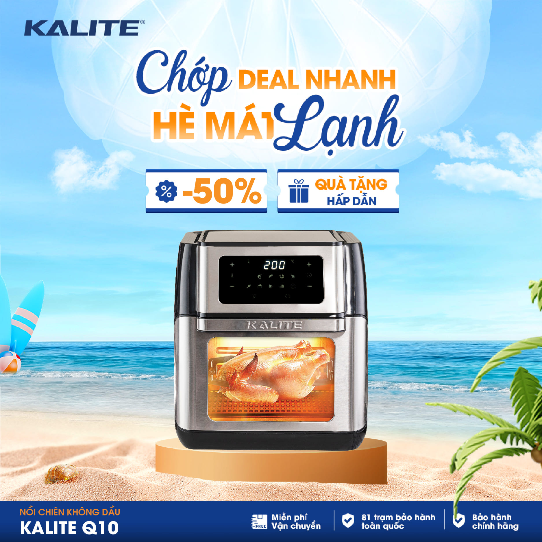 Nồi Chiên Không Dầu Kalite Q10 - 10L, Trắng và Đen, Công Suất 1800W