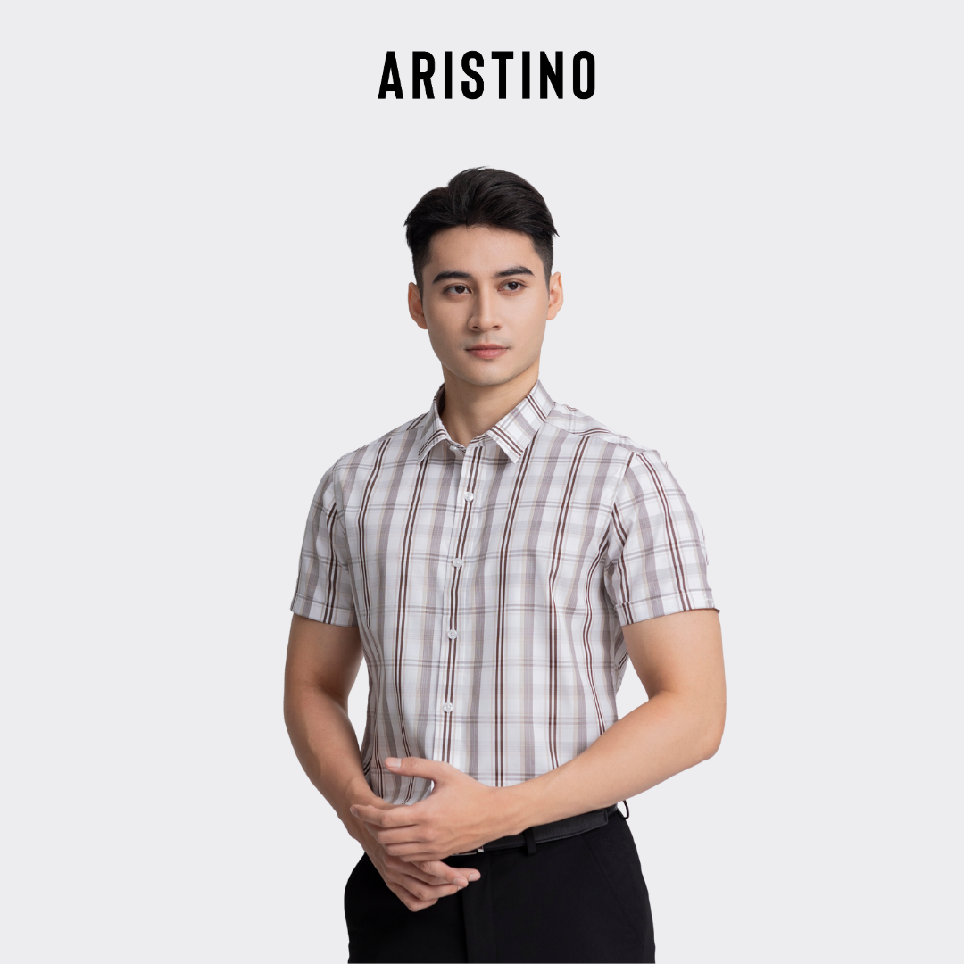 Áo sơ mi ngắn tay Aristino for Boss form slim fit ôm vừa vặn họa tiết trắng kẻ nâu lịch lãm - 1SS046