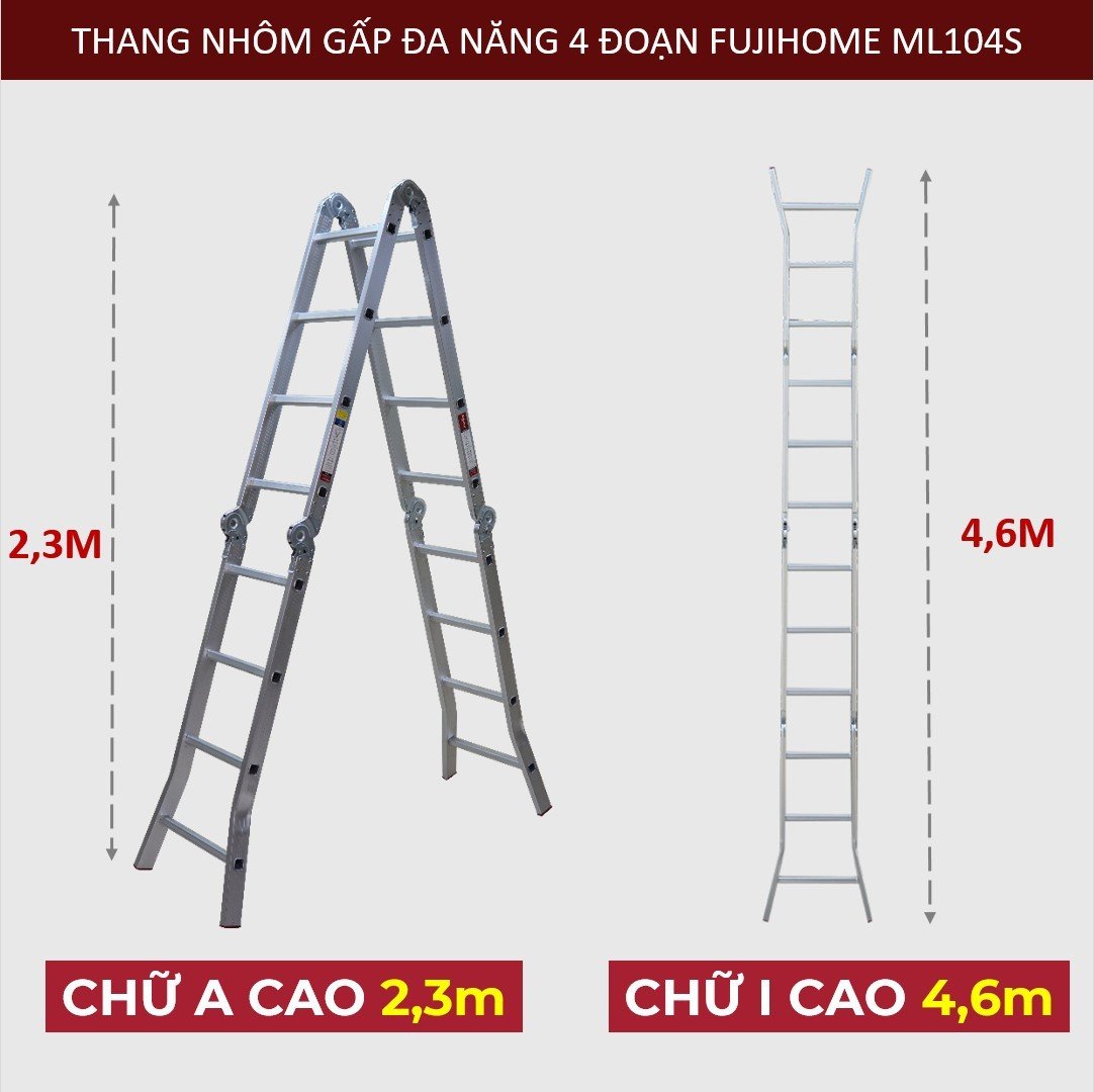 Thang nhôm gấp 4 đoạn Nhập Khẩu 34 mét - 47 mét siêu đa năng FUJIHOME thang chữ M xếp gọn 4 khúc gia