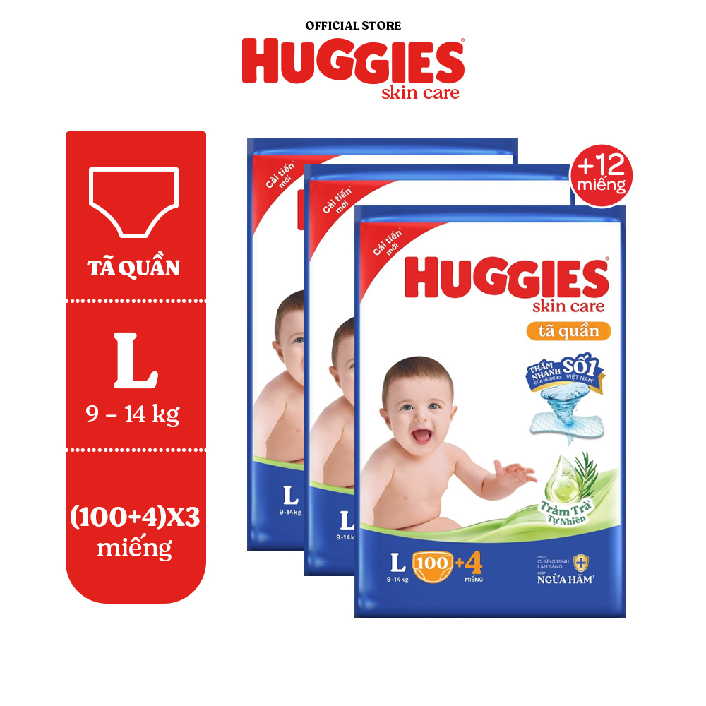 Combo 3 gói Tã quần Huggies Skincare Mega Jumbo M106/L96/XL84/XXL76 với tràm trà dịu da