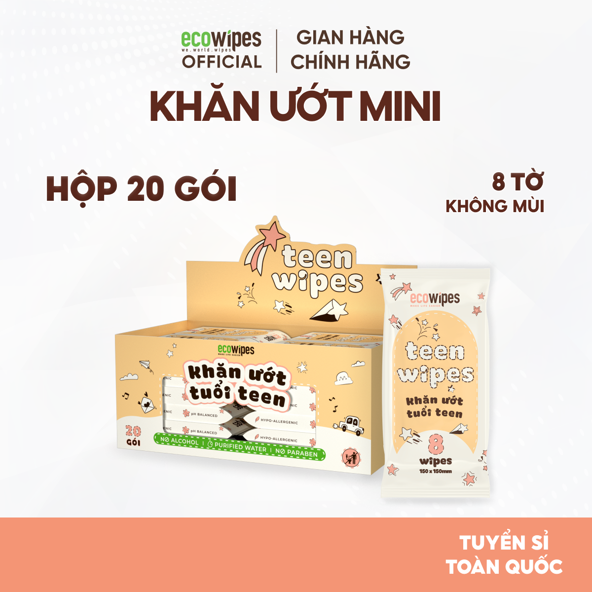 Khăn giấy ướt mini size Teen EcoWipes gói 8 tờ không mùi nhỏ gọn tiện dụng cho học sinh sinh viên