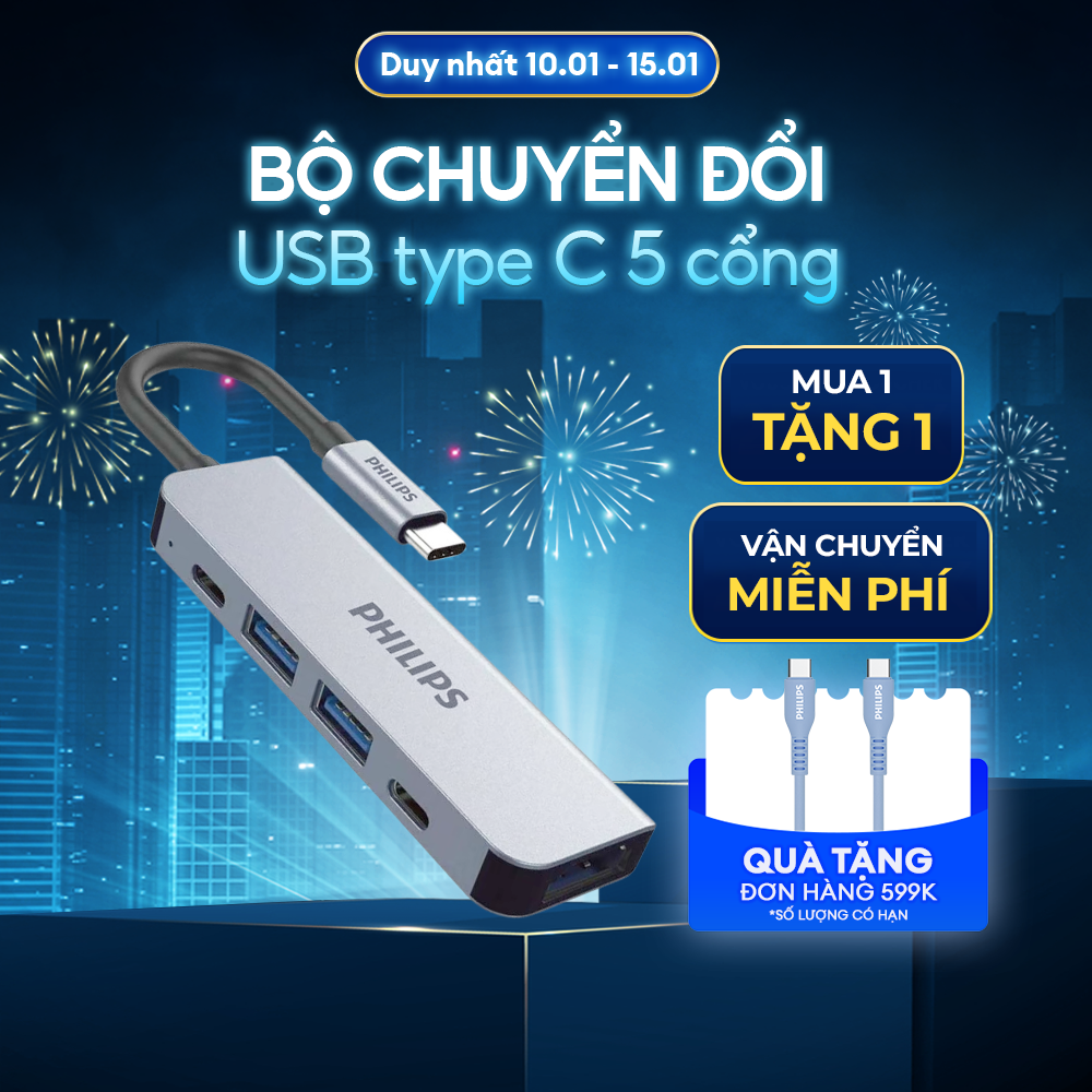 Bộ Hub chuyển đổi Philips SWV6115G 5 in 1 USB Type C Thunderbolt 3 to HDMI Gồm 2 cổng USB-A + 2 cổng