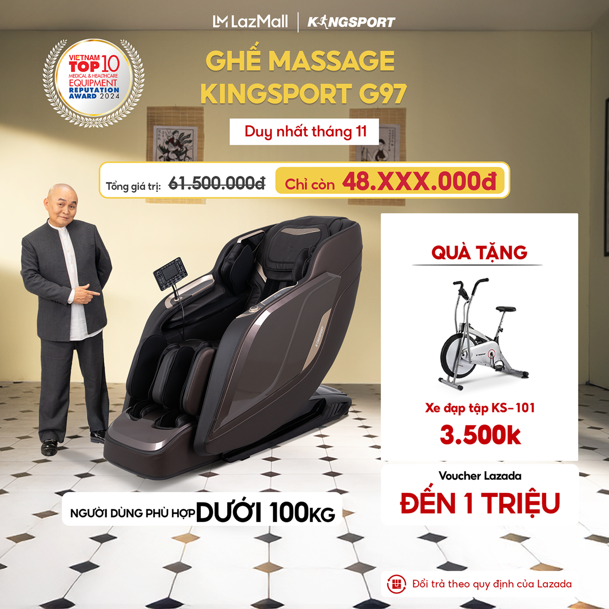Miễn phí lắp đặt | Ghế massage KINGSPORT Deluxe G97 cao cấp công nghệ massage 3D Ultra với 10 bài tậ