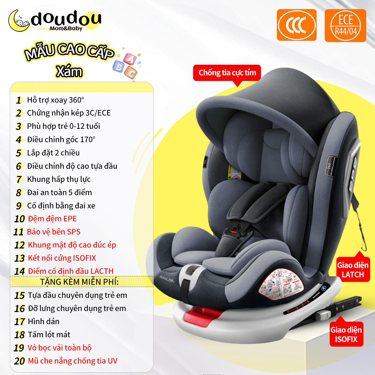 Ghế Ngồi Ô Tô Cho Bé Có Khóa Chốt An Toàn Ghế An Toàn Cho Trẻ Em ISOFIX+LACTH Cố Định