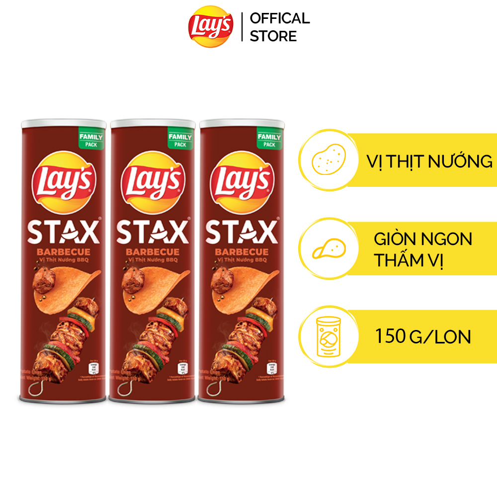 Combo 3 Lays Stax Khoai Tây Miếng Vị Thịt Nướng BBQ 155G