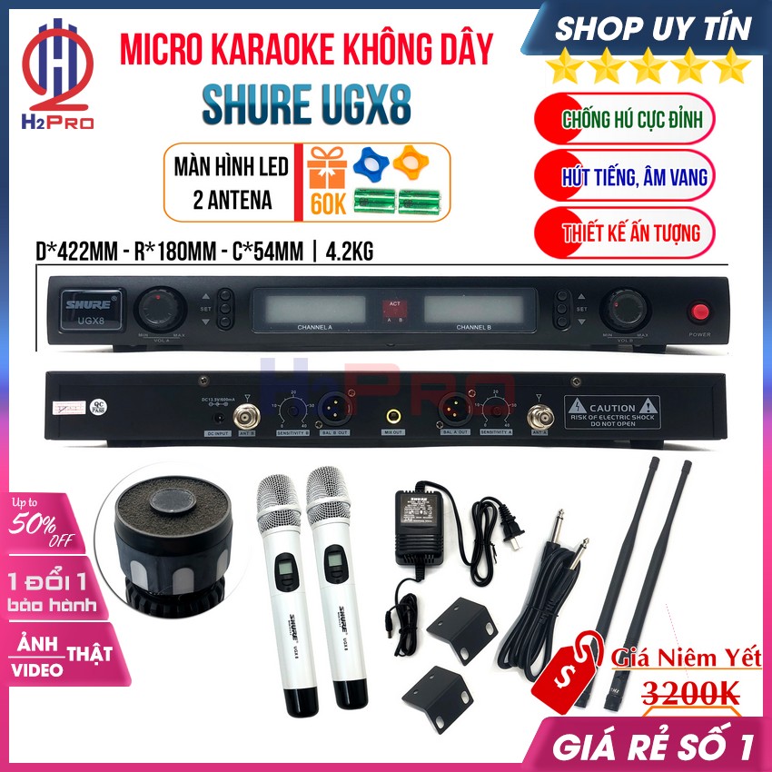 Bộ 02 Micro Không Dây Shure UGX8 2021 Mic Hút Tiếng Sáng Giảm Hú Mic Karaoke Không Dây Cao Cấp-Tặng