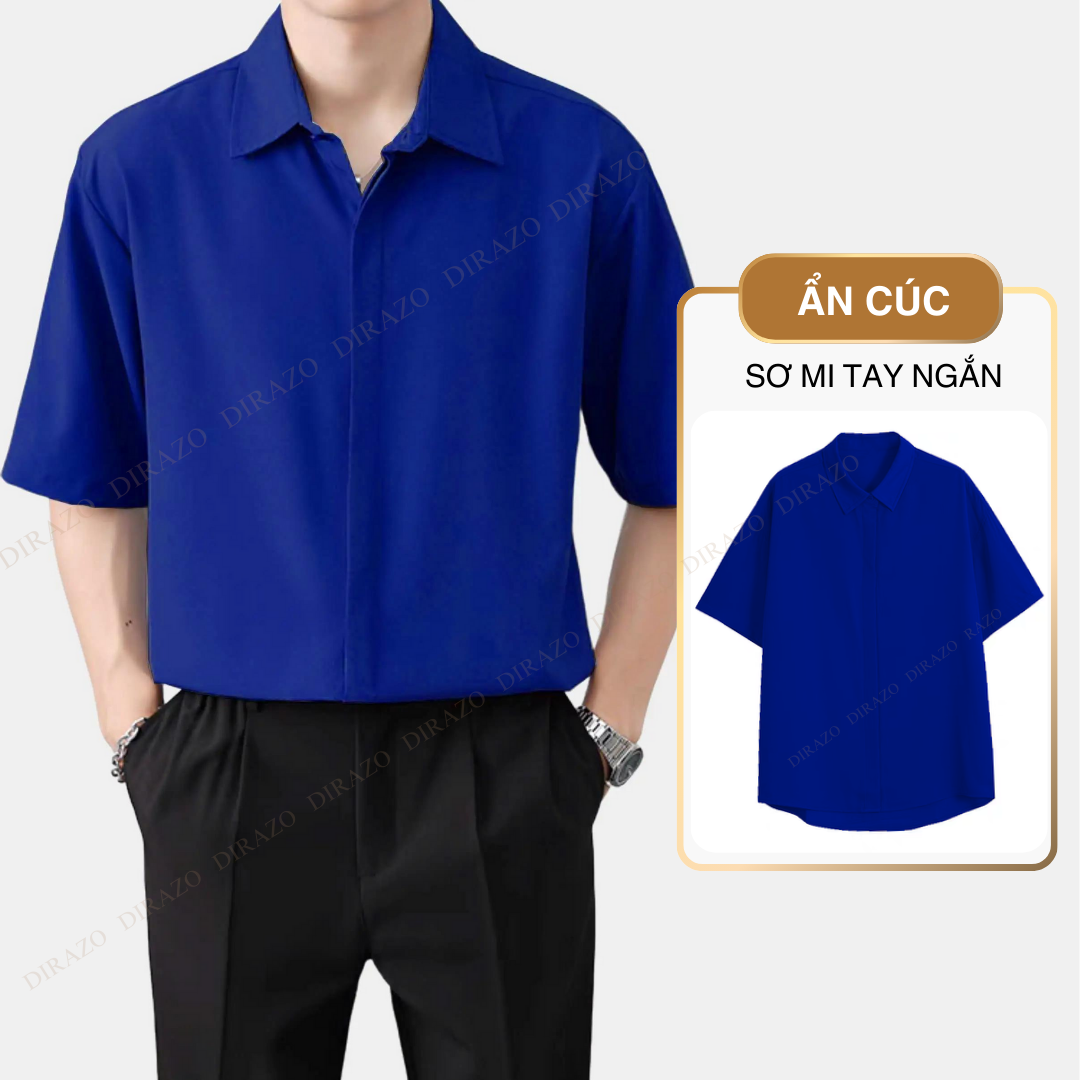 Áo sơ mi nam trơn DIRAZO dáng rộng vải lụa tay dài- áo sơ mi tay ngắn- áo sơminamđẹp màu xanh bích- 