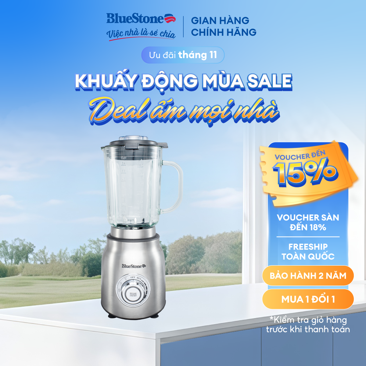 Máy Xay Sinh Tố BlueStone BLB-5377 (1.75 Lít) - Công suất 1000W - Lưỡi dao răng cưa 6 cánh bằng thé